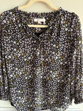 LOFT Black Floral Ruffle-Neck Long Sleeve Blouse